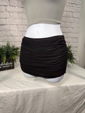 SHEIN Black Ruched Mesh Mini Skirt XS Lined Built-In Shorts Bodycon Skort